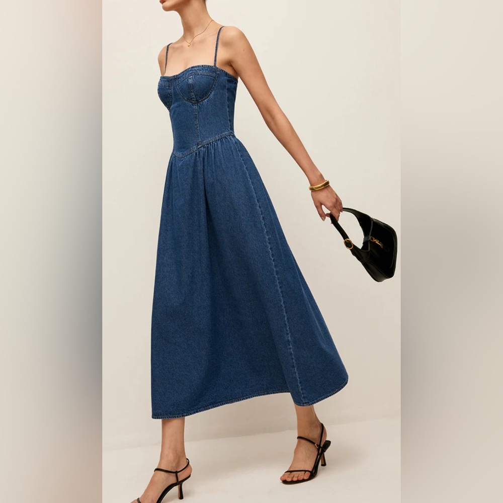Commense Sweetheart Collar Denim Dress Medium - Picture 5 of 12